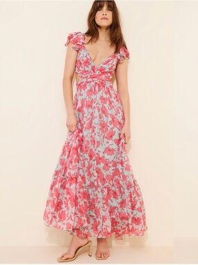 Astr Pink Floral Maxi Dress with Blue Base